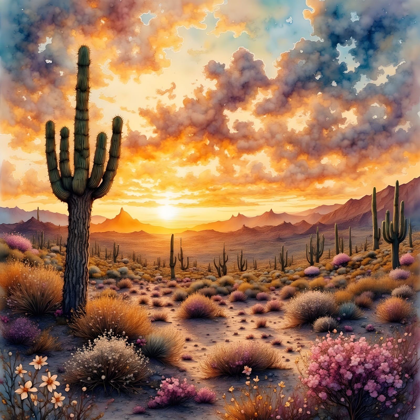 Vibrant New Mexico Desert Sunset in Watercolor Style