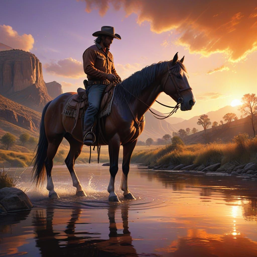 Lone Cowboy and Horse at Sunset River