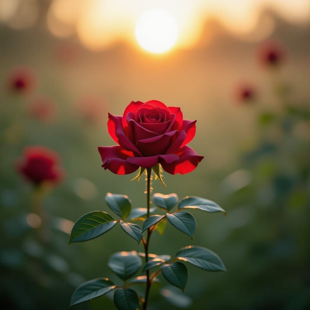 Dew-Kissed Red Rose in Ethereal Dawn Garden