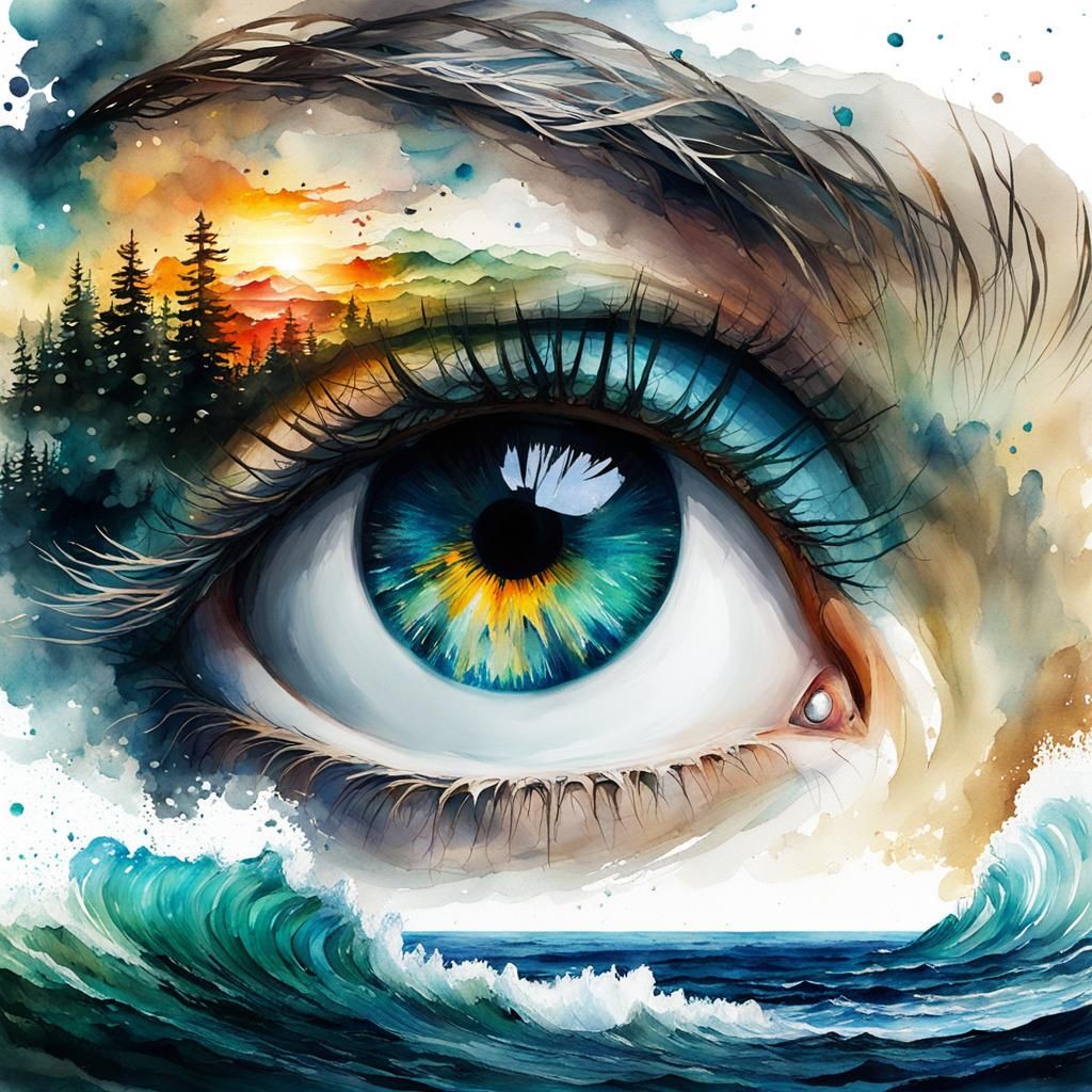 Oregon Seascape Eye in Digital Watercolor Style