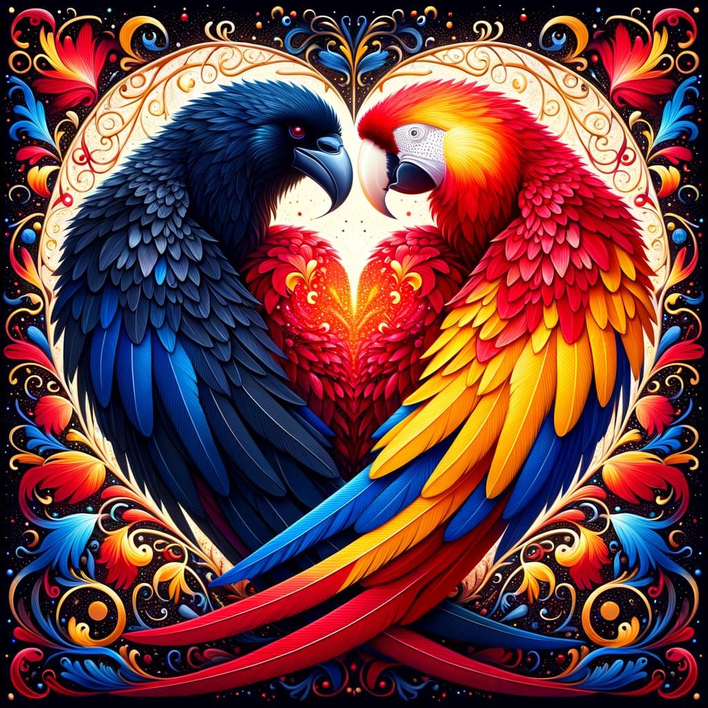 Ravens and Macaws Embrace in Yin Yang Heart