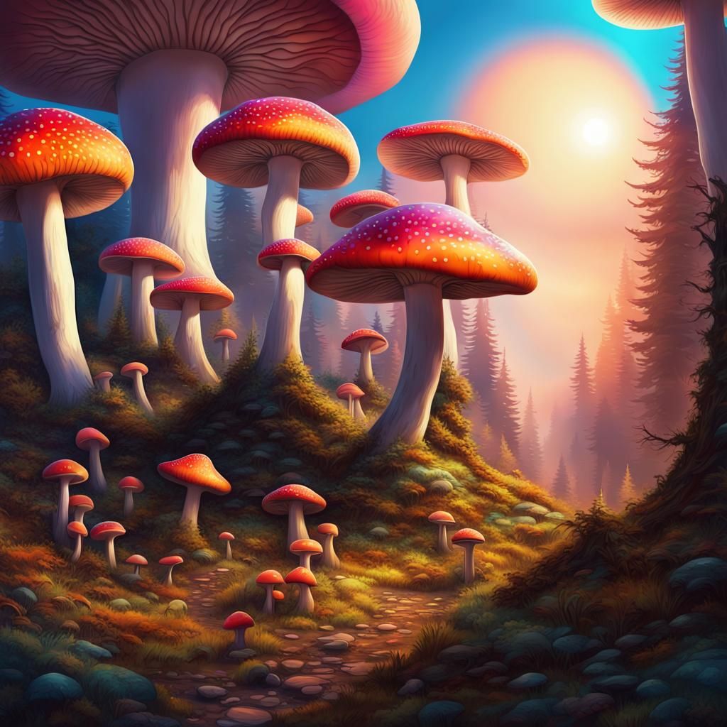 Telepathic Mushrooms in a Sunset Forest