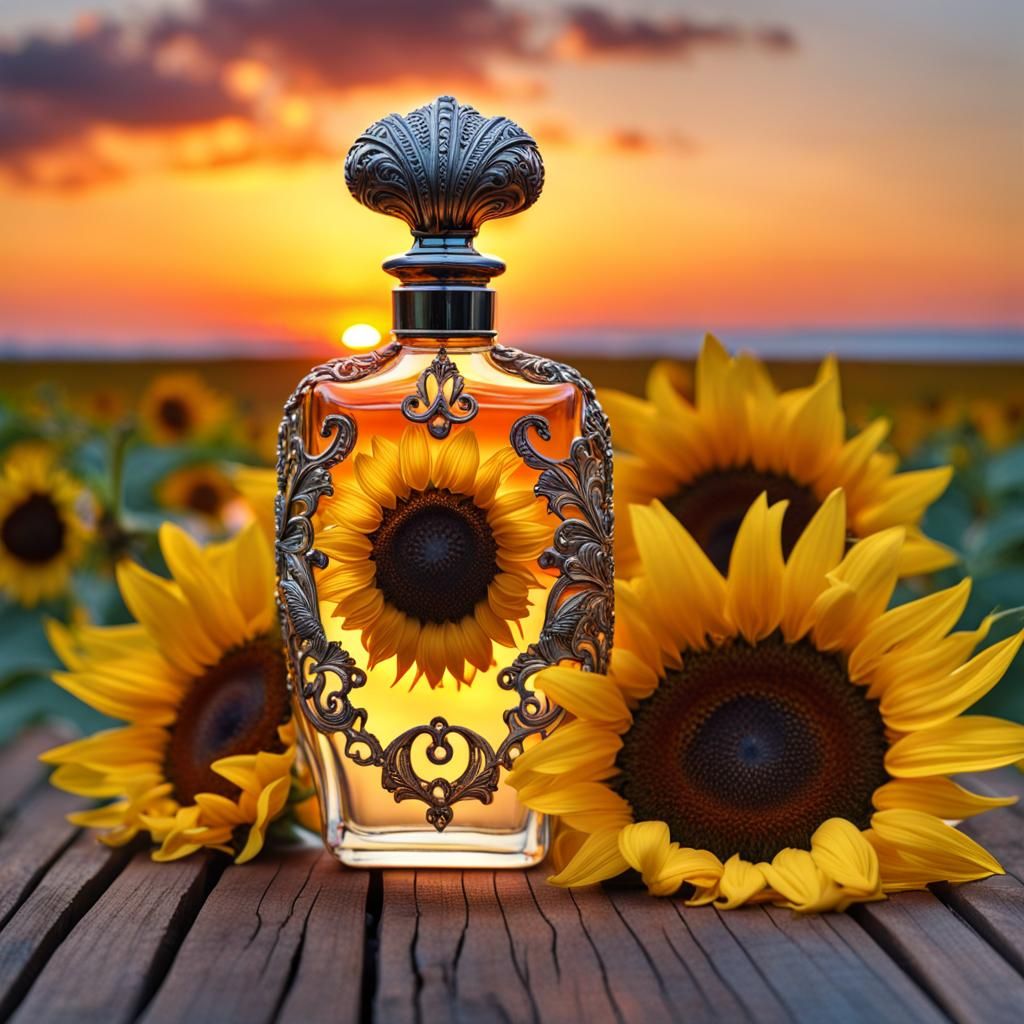 Sunflowers and Perfume Bottle at Sunset