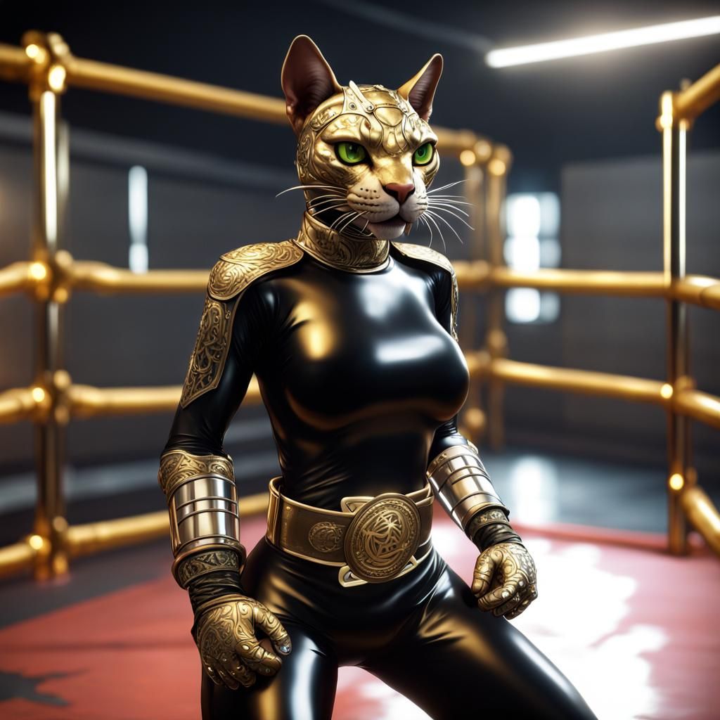 Anthropomorphic Cat Boxer in Chrome Cage, Anime Style