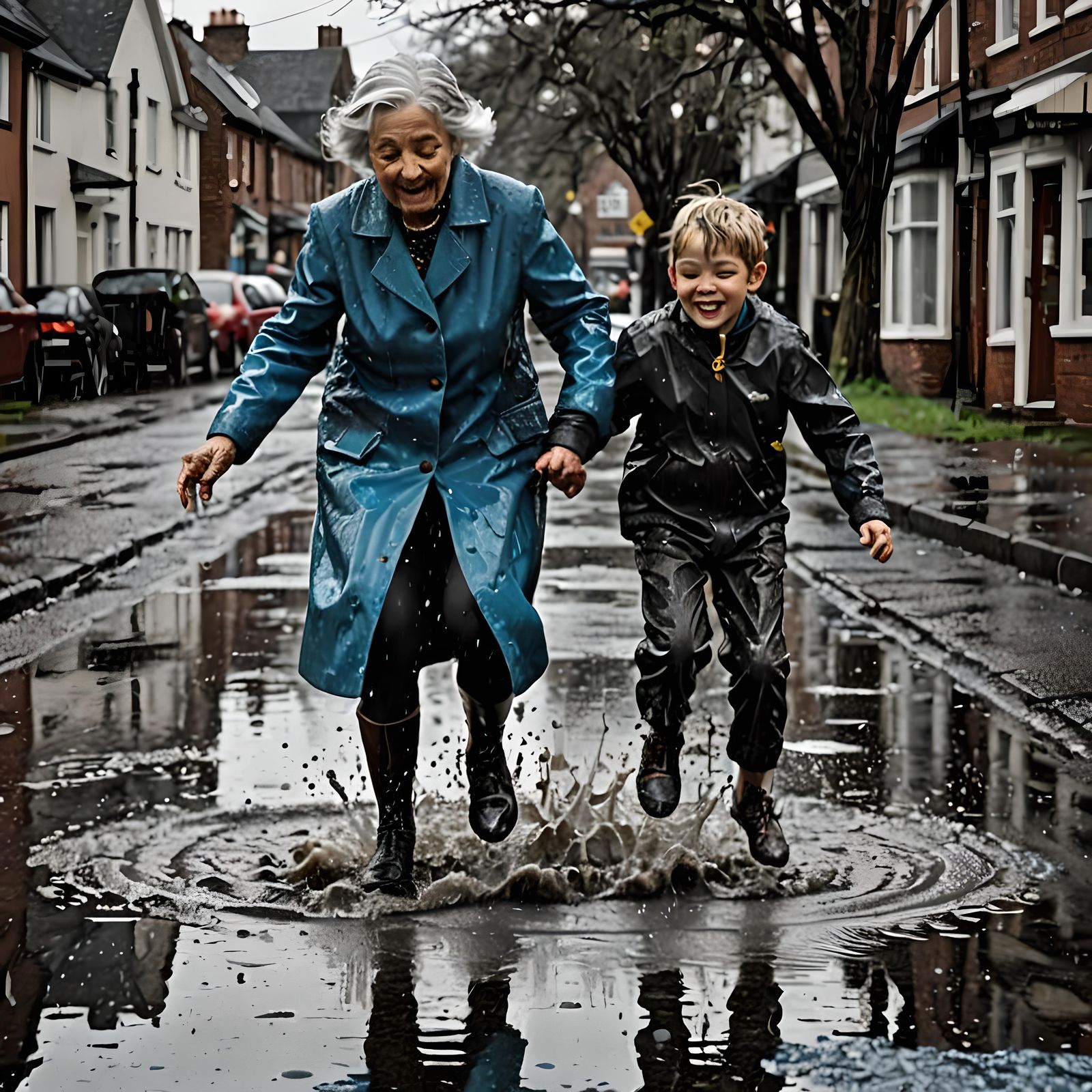Selective Color Photo of Woman Splashing in Puddle