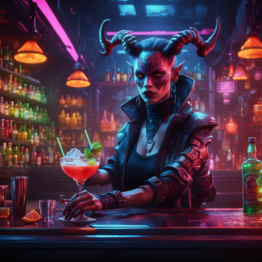 Cyberpunk Demon Mixes Cocktails in Neon Bar
