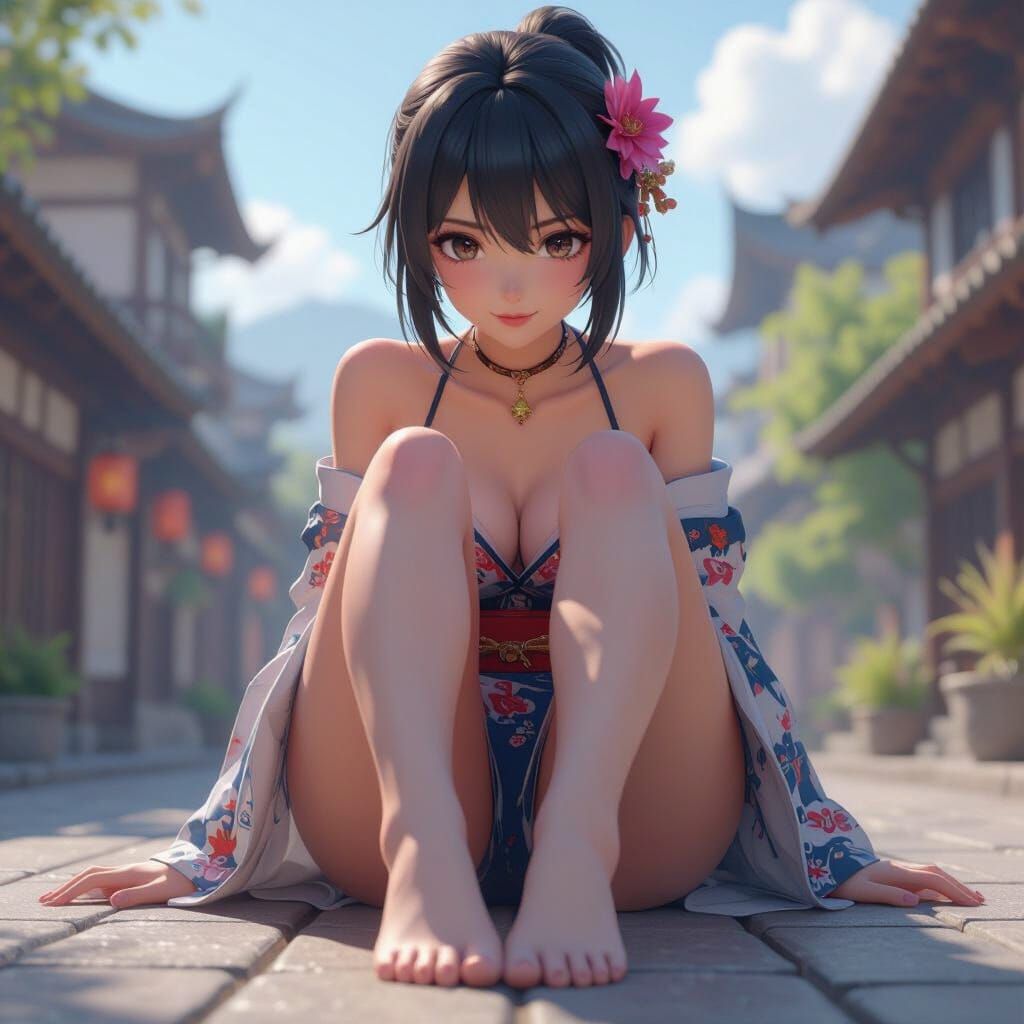 Beautiful Woman Showing Soles of Feet in 3D Anime Render