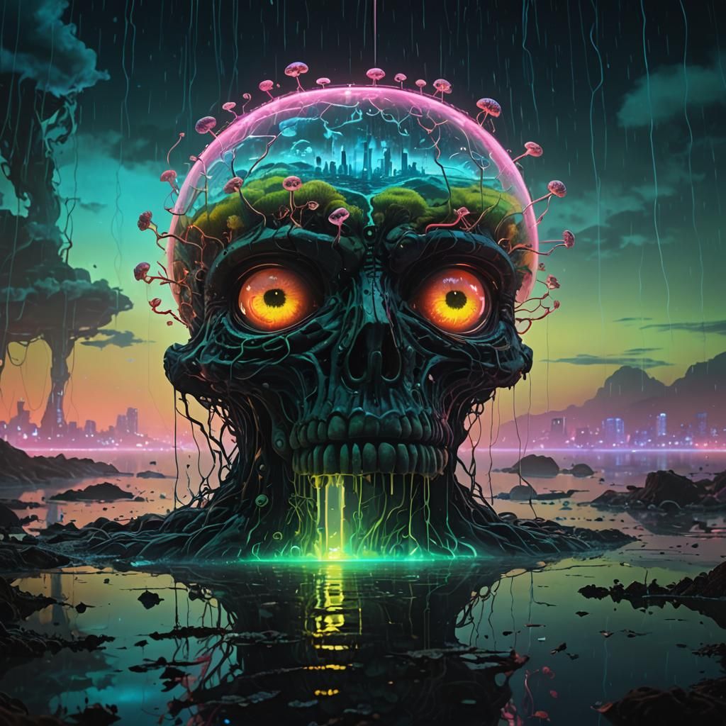 Eerie Bioluminescent Brain in Glass, in Haunting Surrealism