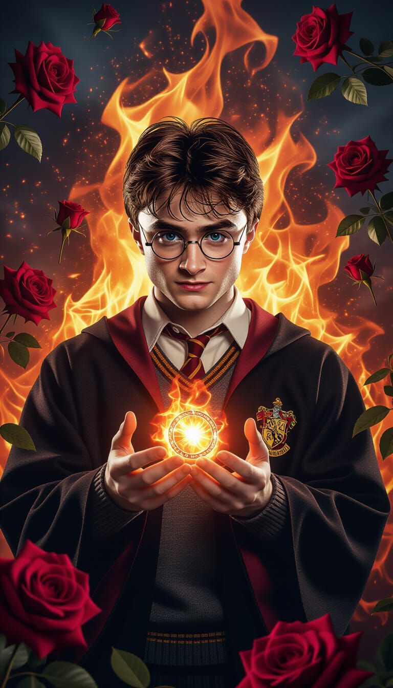 Harry Potter in Flames and Roses: Hyperrealistic Digital Art