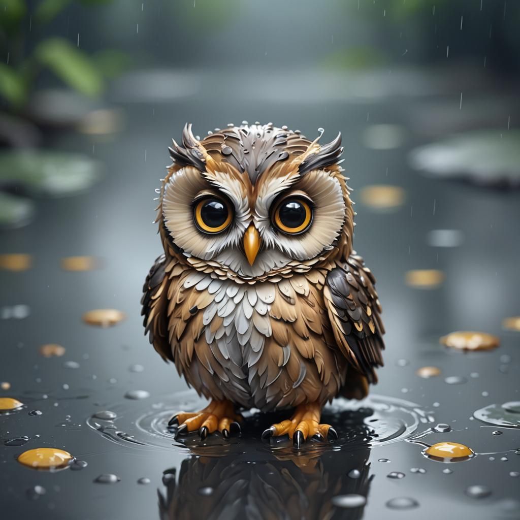 Chibi Owl on Wet Surface: Adorable 3D Render