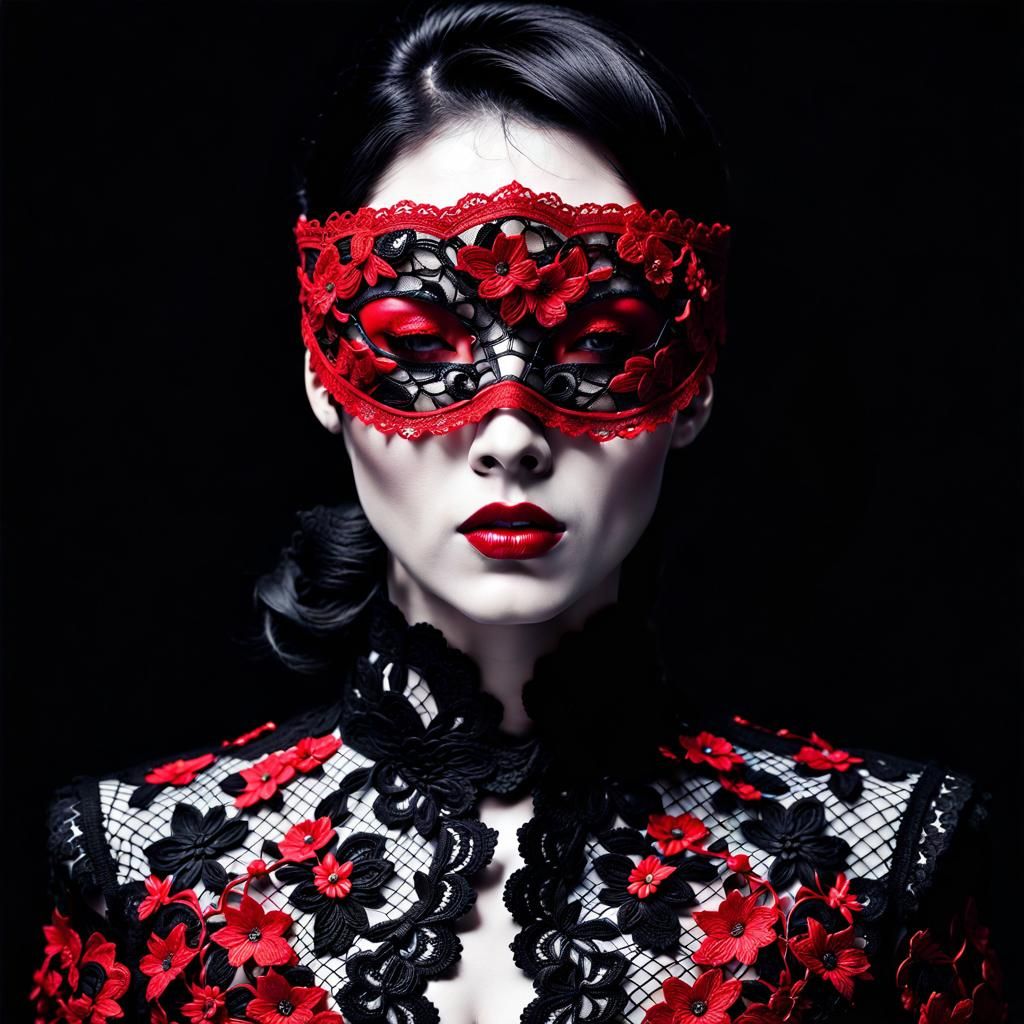 Korean Woman in Red Lace Blindfold, Selective Color