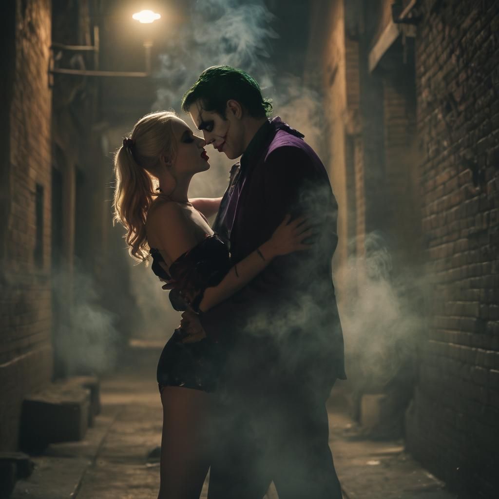Joker and Harley Quinn Embrace in Film Noir Style