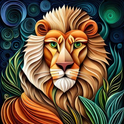 Paper Quilled Lion in Surreal 3D Landscape
