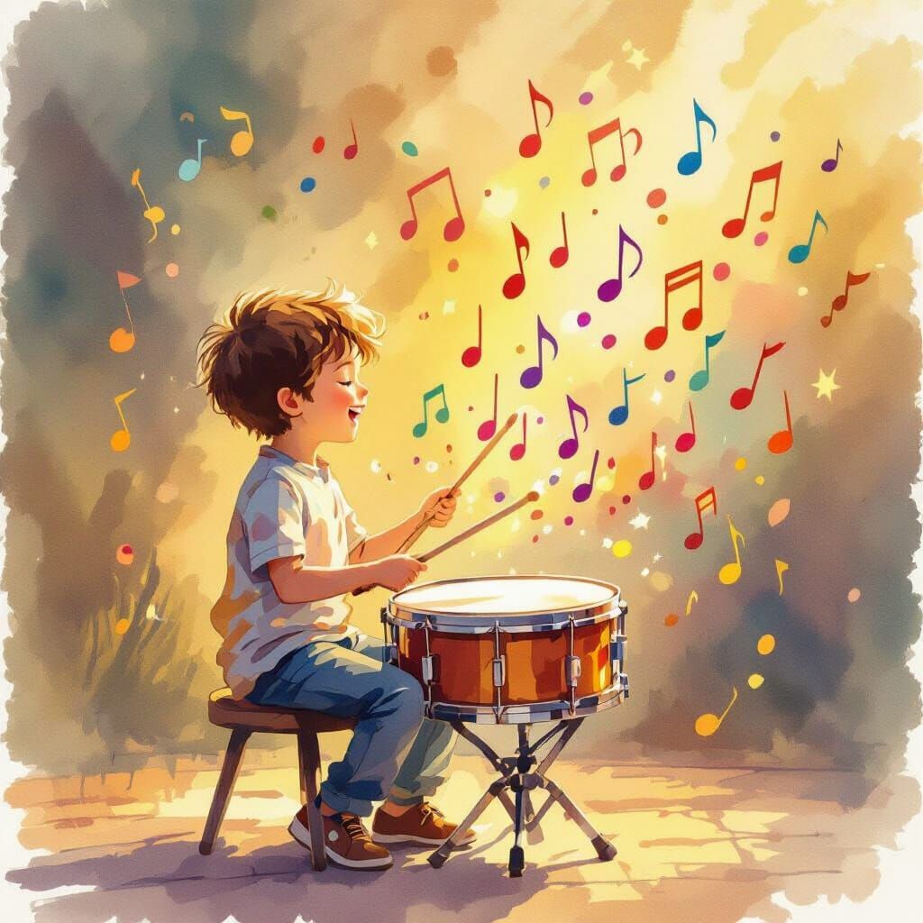 Boy Hits Drum, Musical Notes Float in Vibrant Watercolor