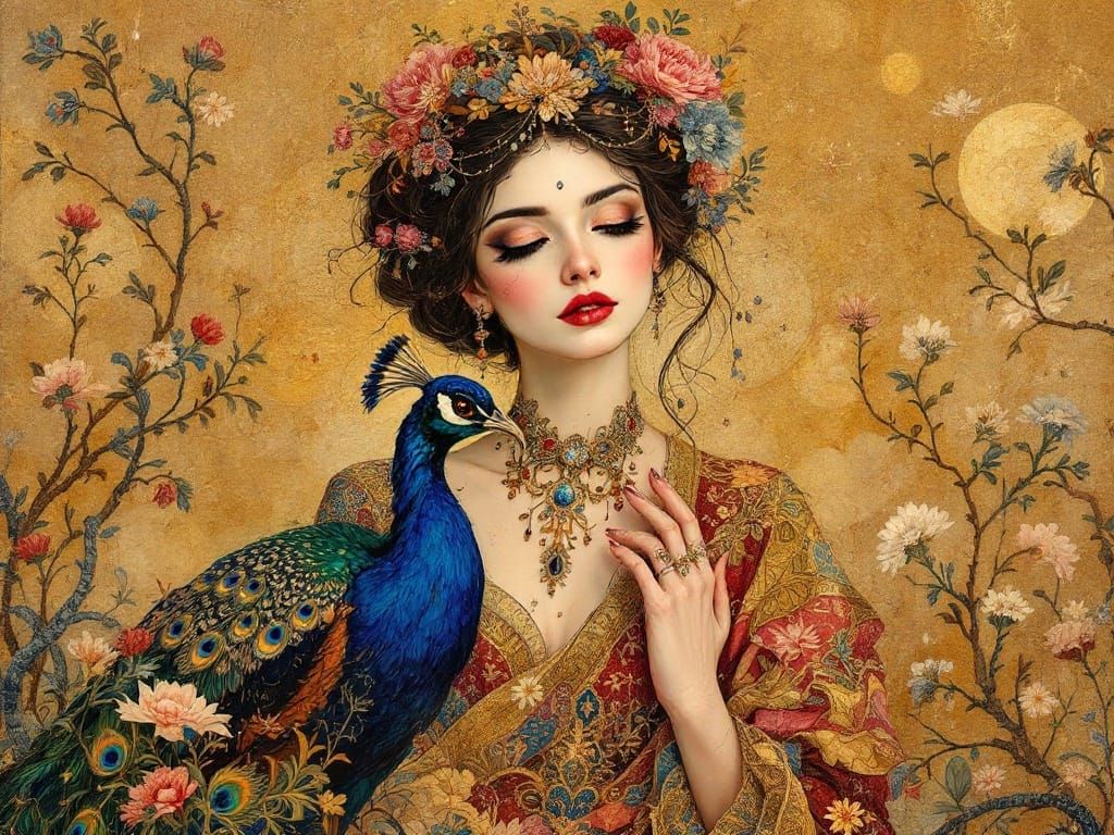 Enchanting Qajar-Era Portrait of a Princess and Her Peacock