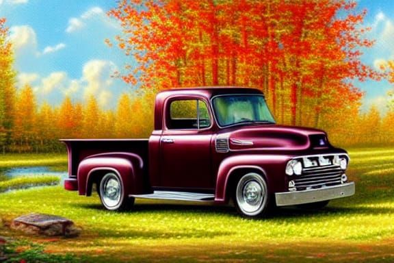 Burgundy Ford Truck in Detailed Fall Watercolor Scene