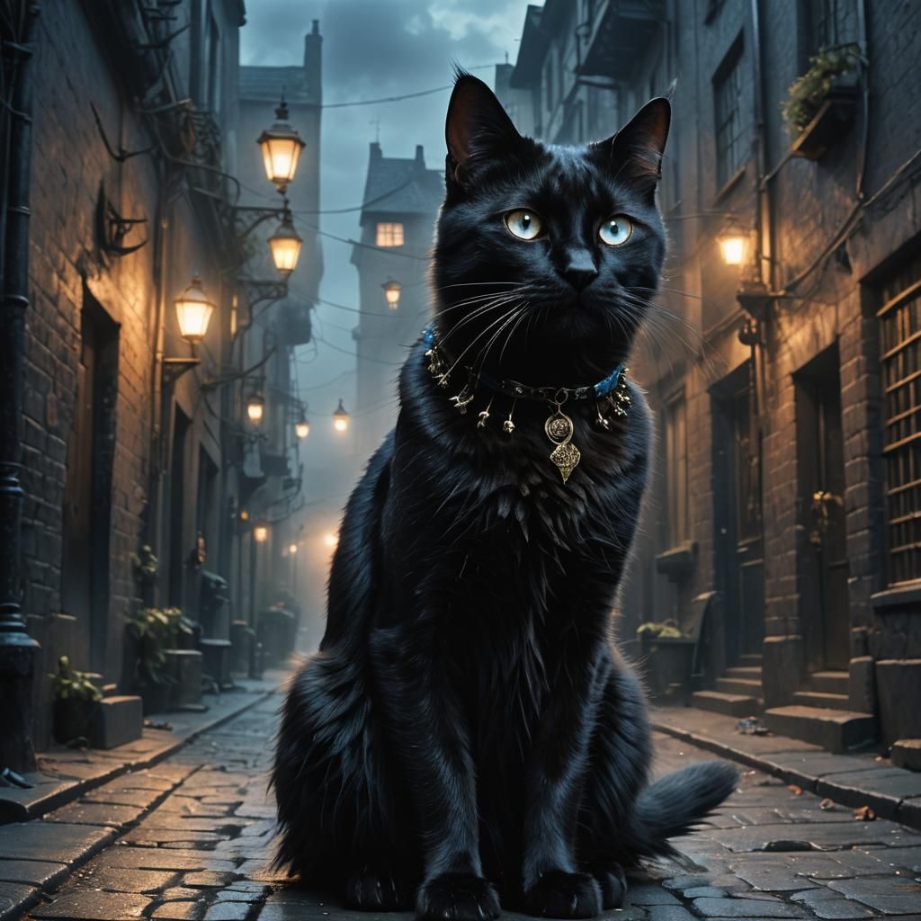 Black Cat with Blue Eyes in Misty Alleyway
