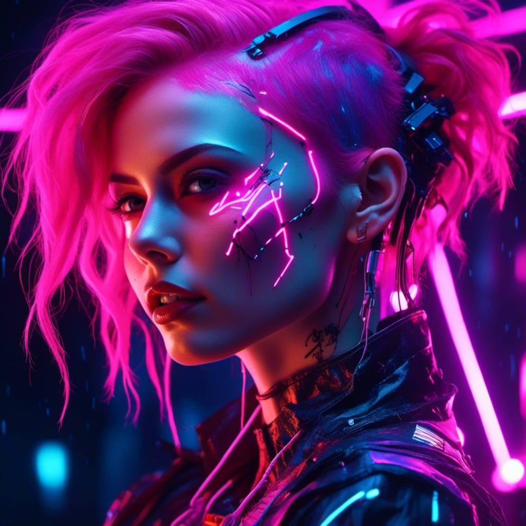 Cyberpunk Vampire with Pink Hair in Cyberspace