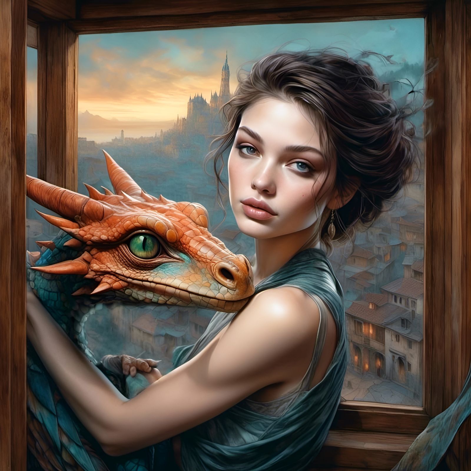 Woman and Dragon Hatchling in Dreamlike Fantasy Art
