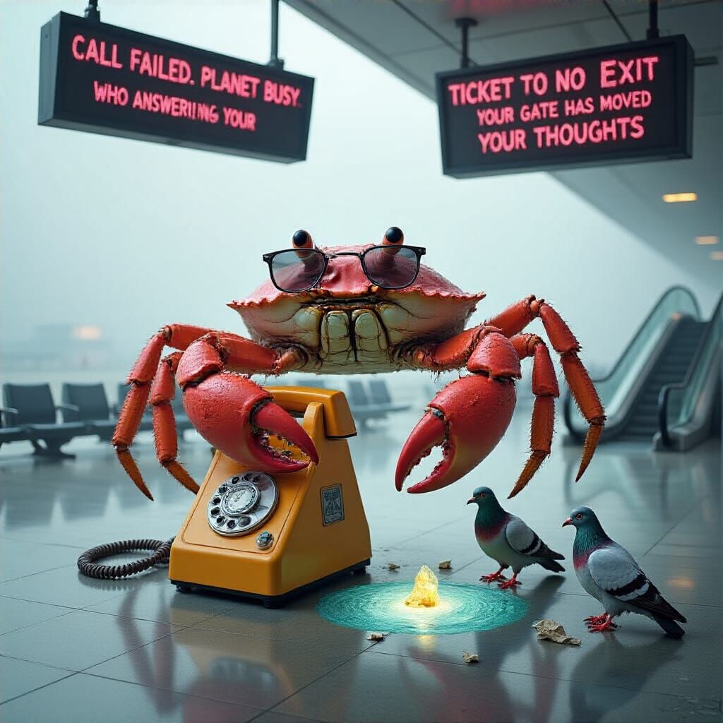 Surreal Crab on Payphone in Foggy Airport