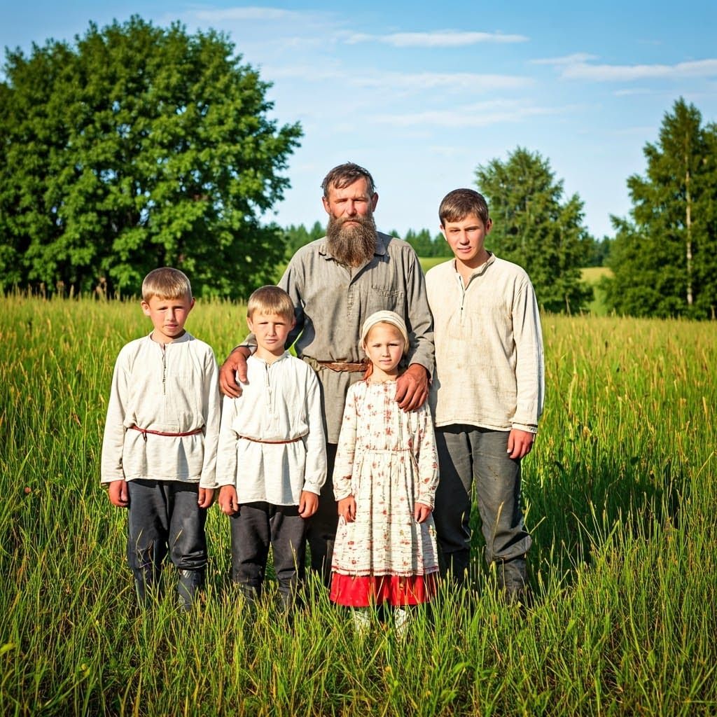 Russian Family in Field, Impressionistic Style