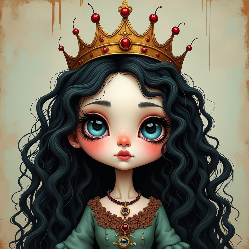 Quirky Cherry Queen Doll in Vintage Surreal Style
