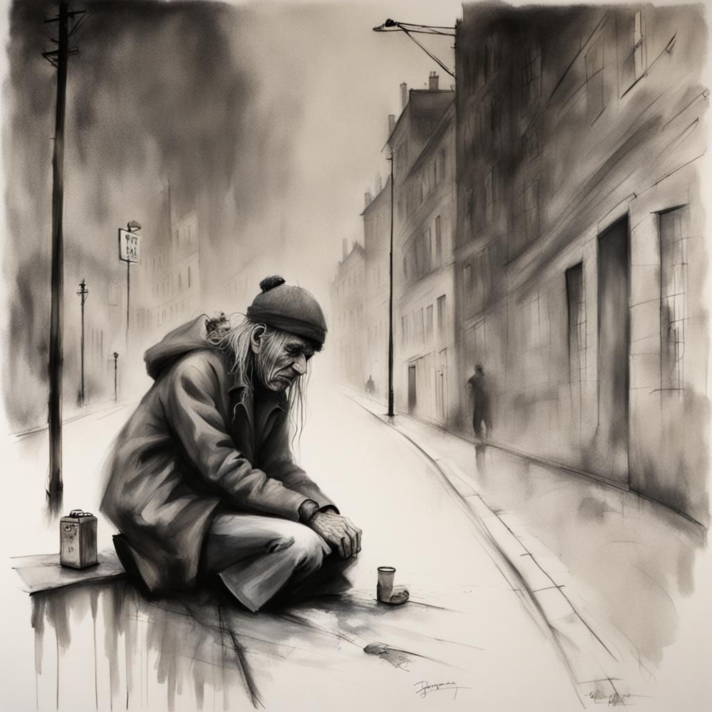 Grotesque Beggar on Xmas Street, Detailed Art