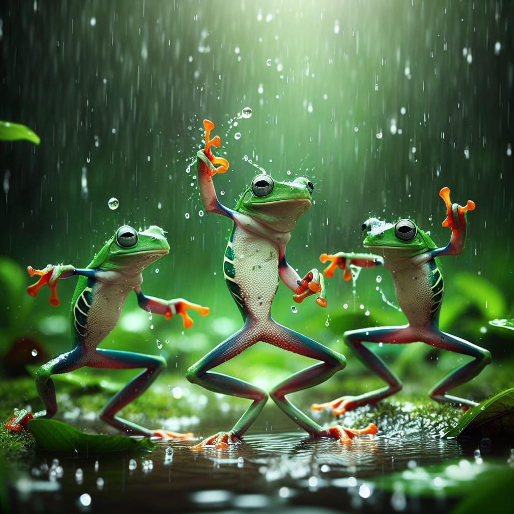 Dancing Leaf Frogs Enjoying a Rain Shower