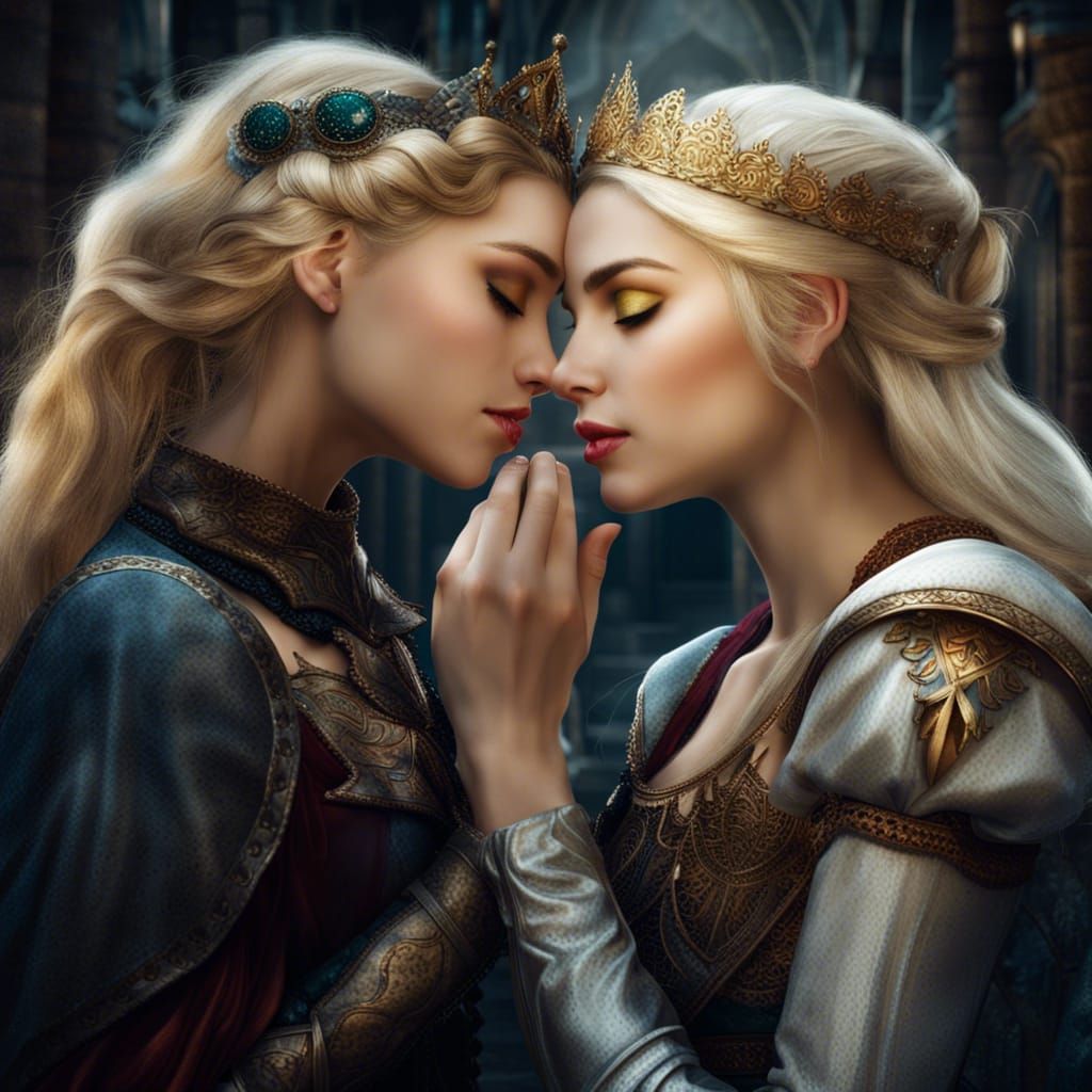 Fantasy Art: Two Princesses Kissing in Medieval Setting