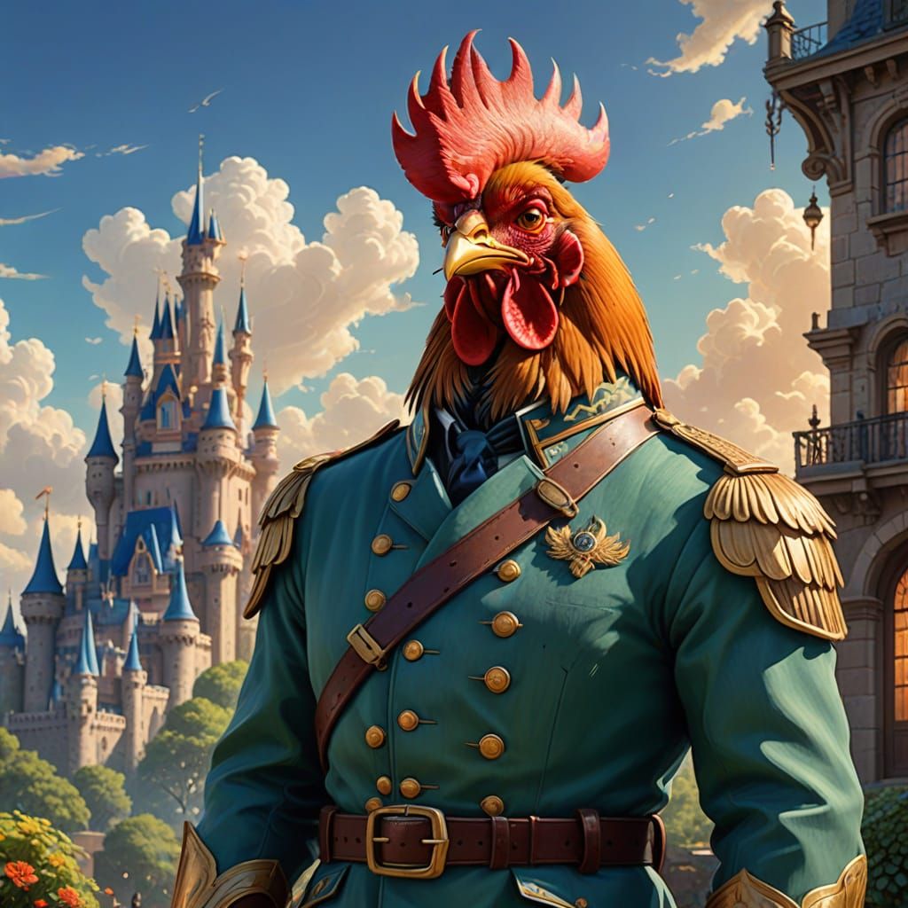 Heroic Rooster Soldier in 19th-Century Cartoon Style