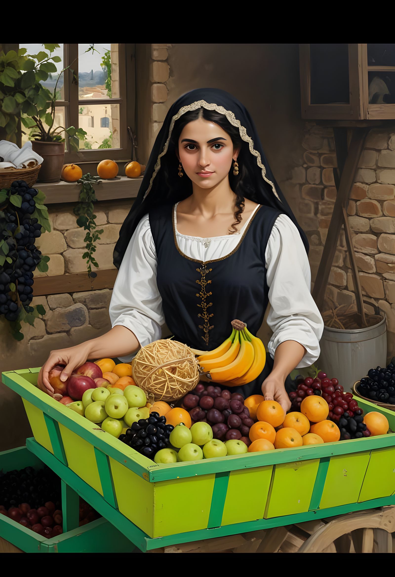 16th Century Oil Painting: Arab Woman with Cart