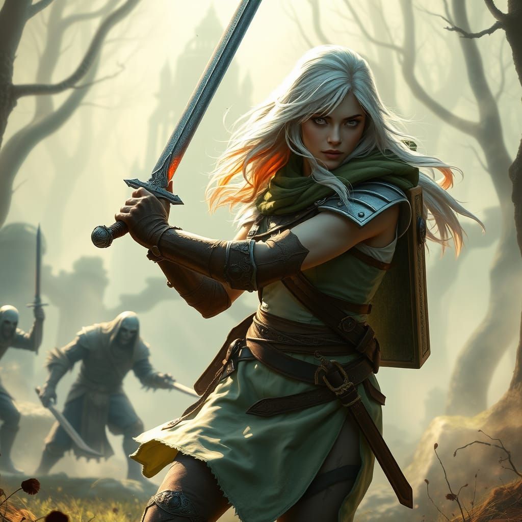 Mystical Ranger Battles Undead in Foggy Forest