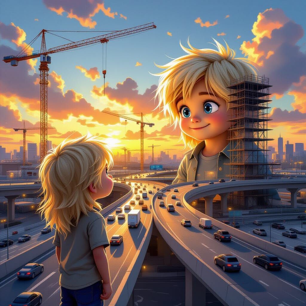 Giant Boy Amazed by Highway Construction at Sunset