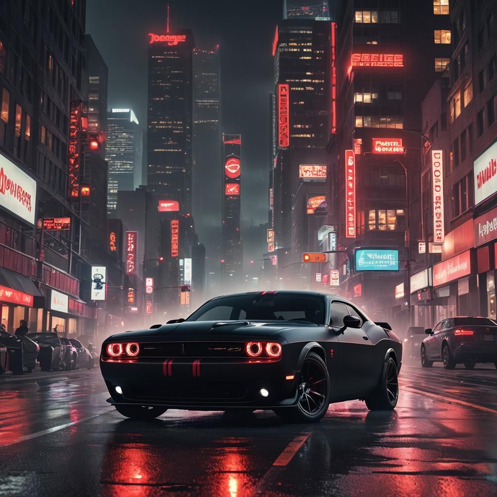 Matte Black Dodge Challenger in Neon Cityscape
