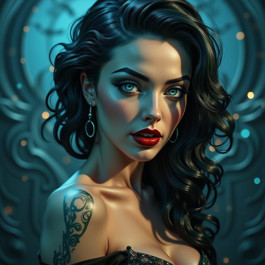 Mysterious Dark Haired Femme Fatale Portrait in Cyberpunk St...