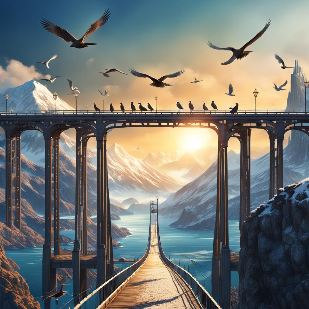 Cable-Stayed Bridge Over Sea to Snowy Mountains