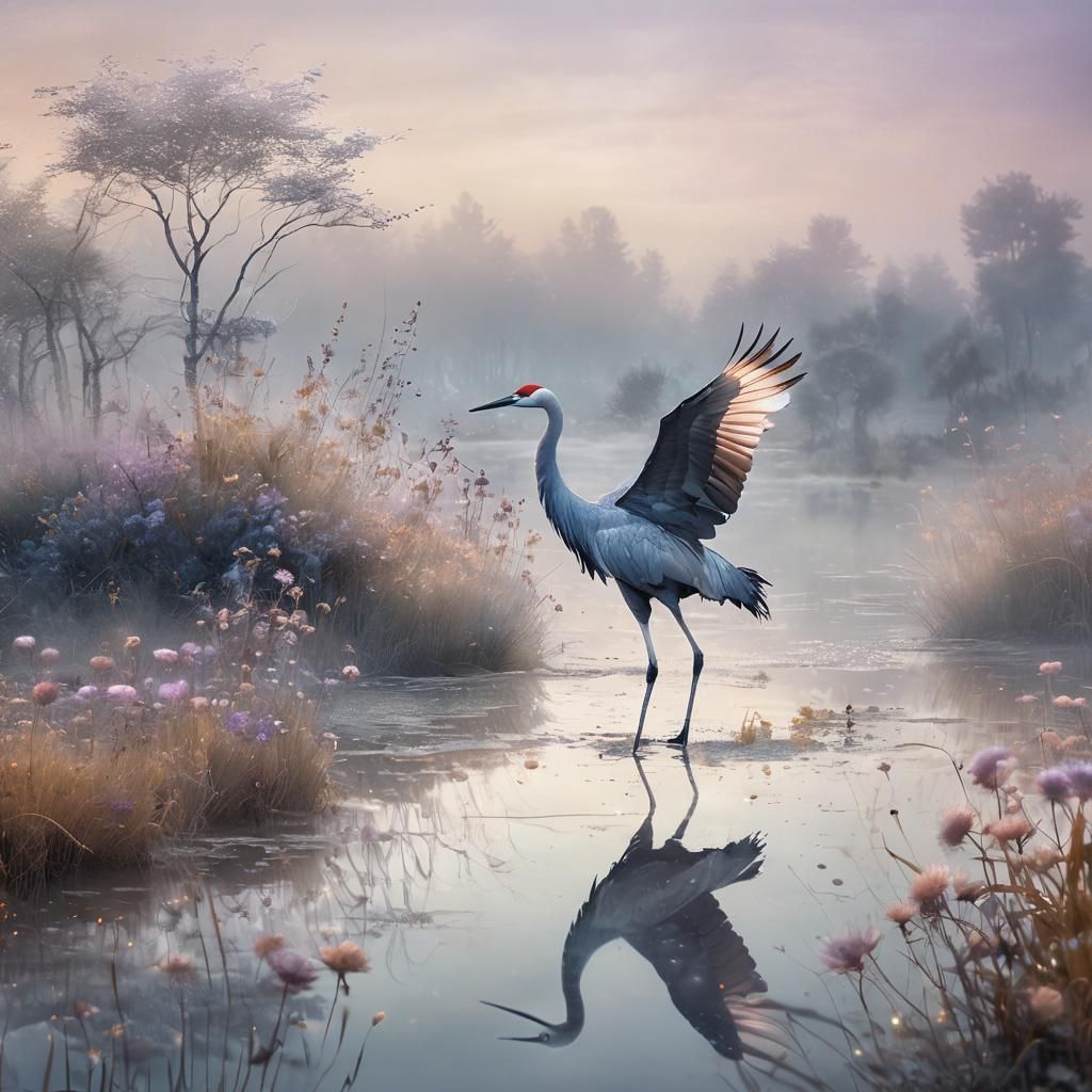 Crane in Dreamy Double Exposure Landscape