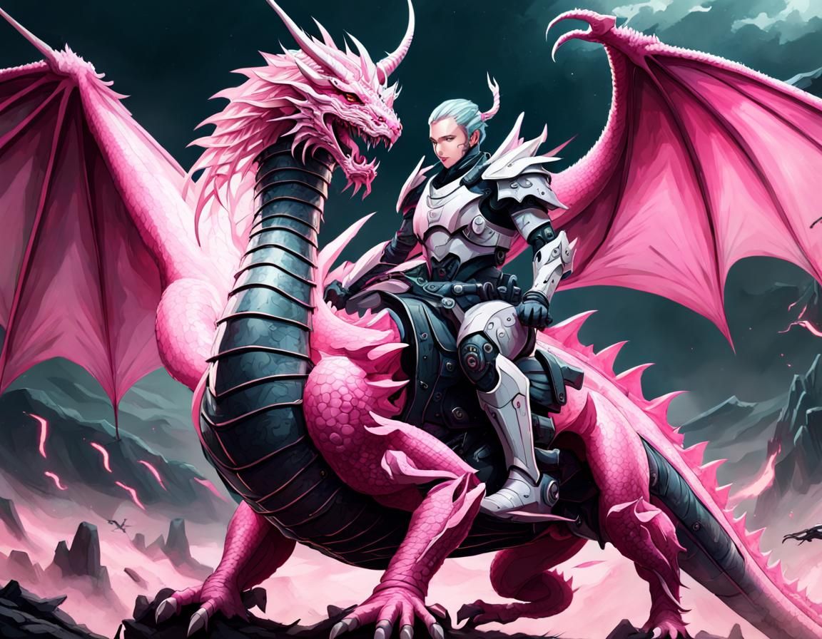 Cyborg on Pink Dragon in Epic Battle