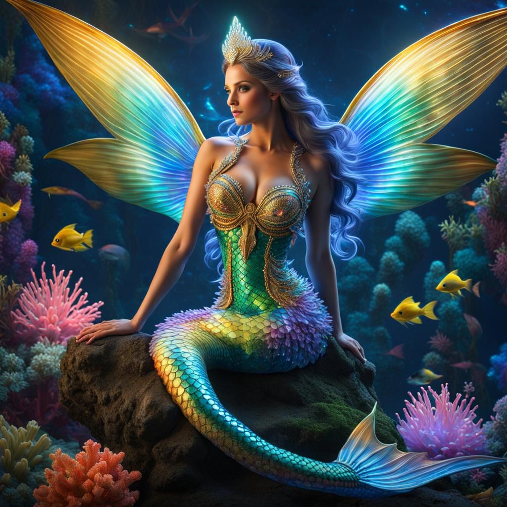 Bioluminescent Mermaid with Crystalline Armor