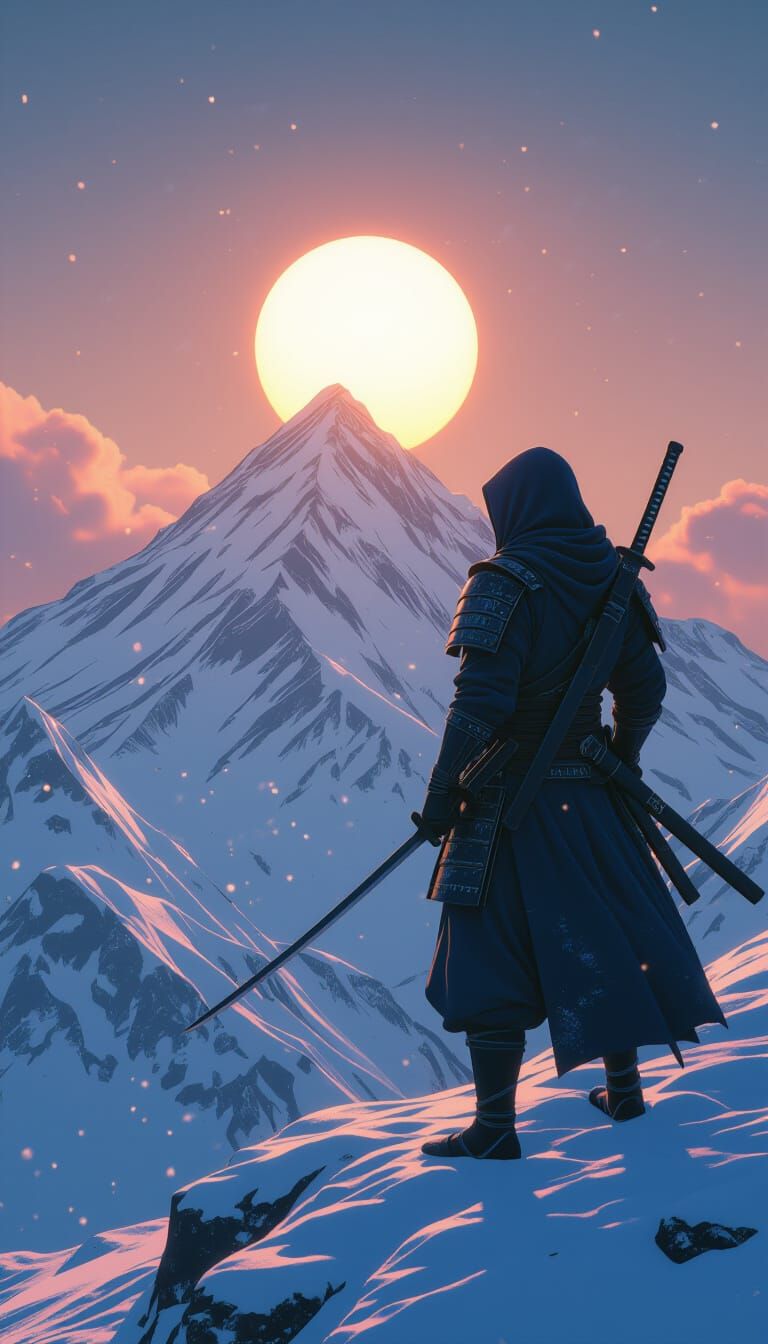 Hooded Samurai Watches Sunrise in Cel-Shaded Style