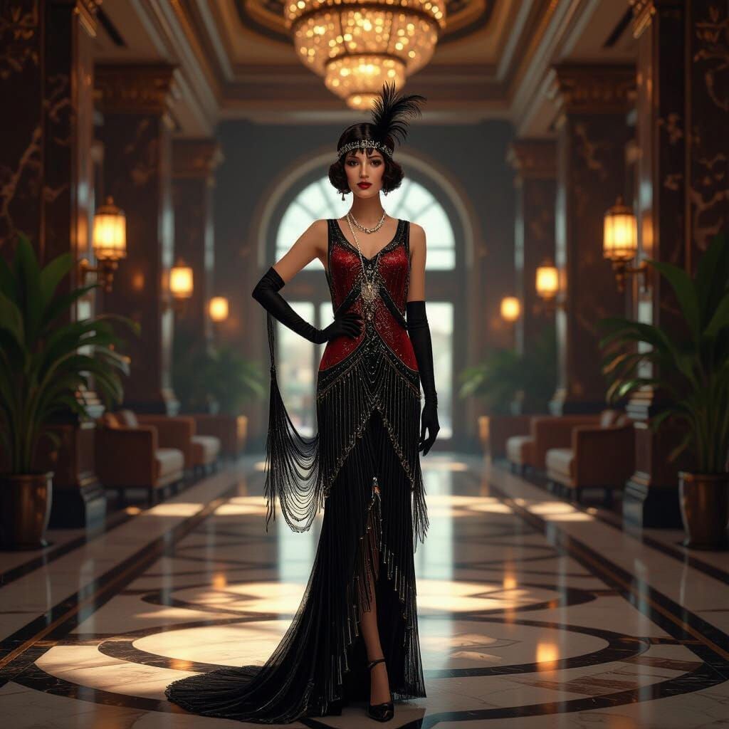 Glamorous Flapper in Opulent Art Deco Hotel Lobby