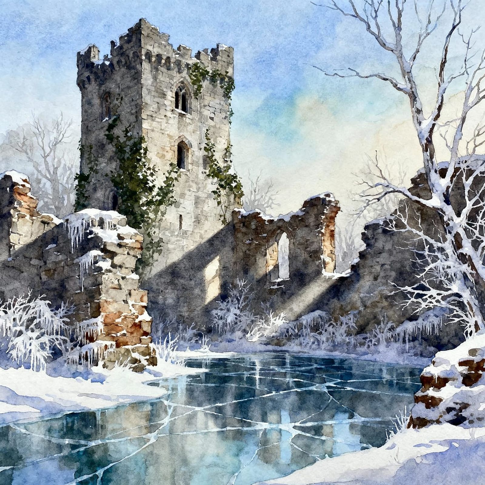 Medieval Winter Ruin Watercolour Landscape