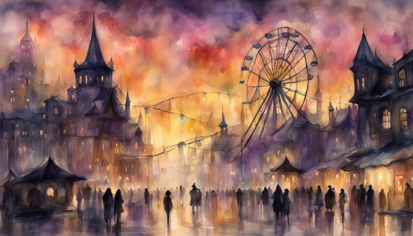 Surreal Cyberpunk Watercolor Scene Captures a Haunting Carni...