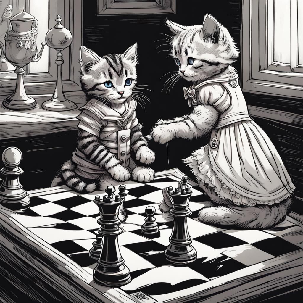 Kittens Playing Chess in Tenniel's Style