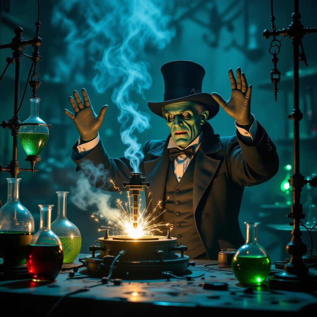 Mad Scientist with Frankenstein Creature in Gothic Lab