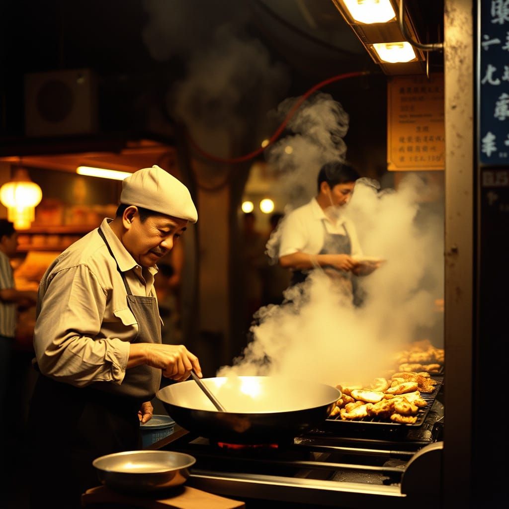 Life Magazine 1962. Medium shot. Street vendor cooking in Ho...