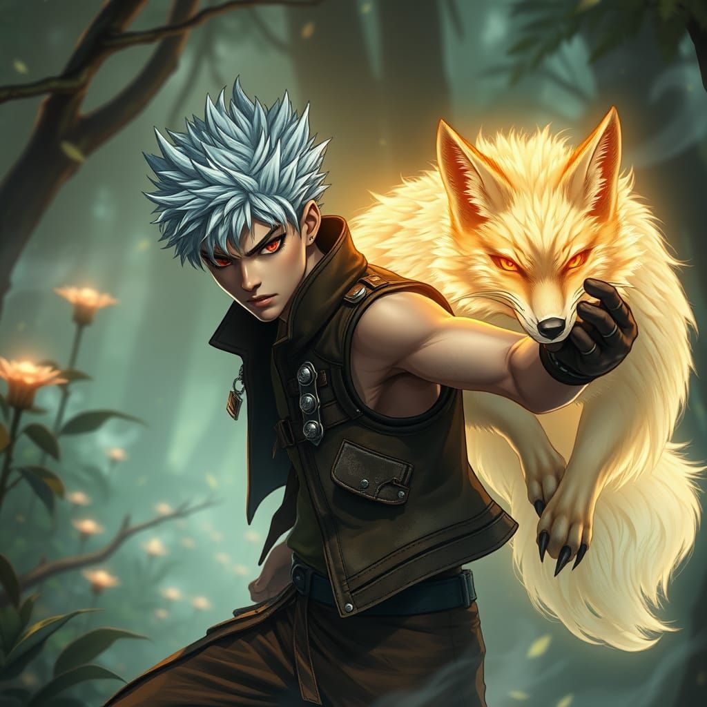 A male teen pit-fighter with short, spiky, white hair, piercing red eyes, and striking fox-like features, such as sharp ...