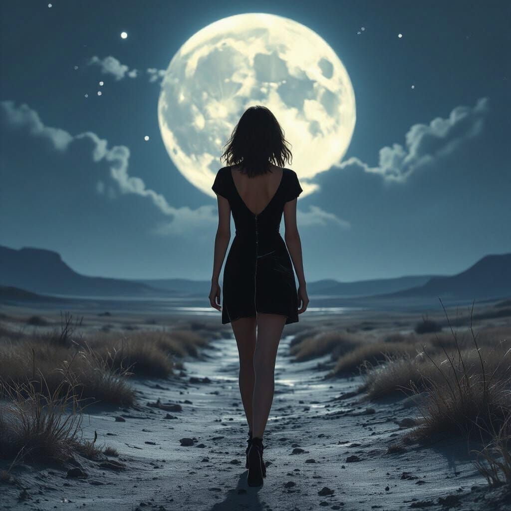 Brunette in Black Dress: Moonlit Desolation