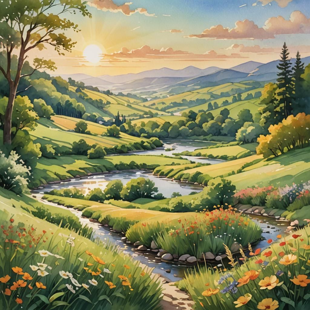 Idyllic Countryside Landscape in Warm Watercolor Hues