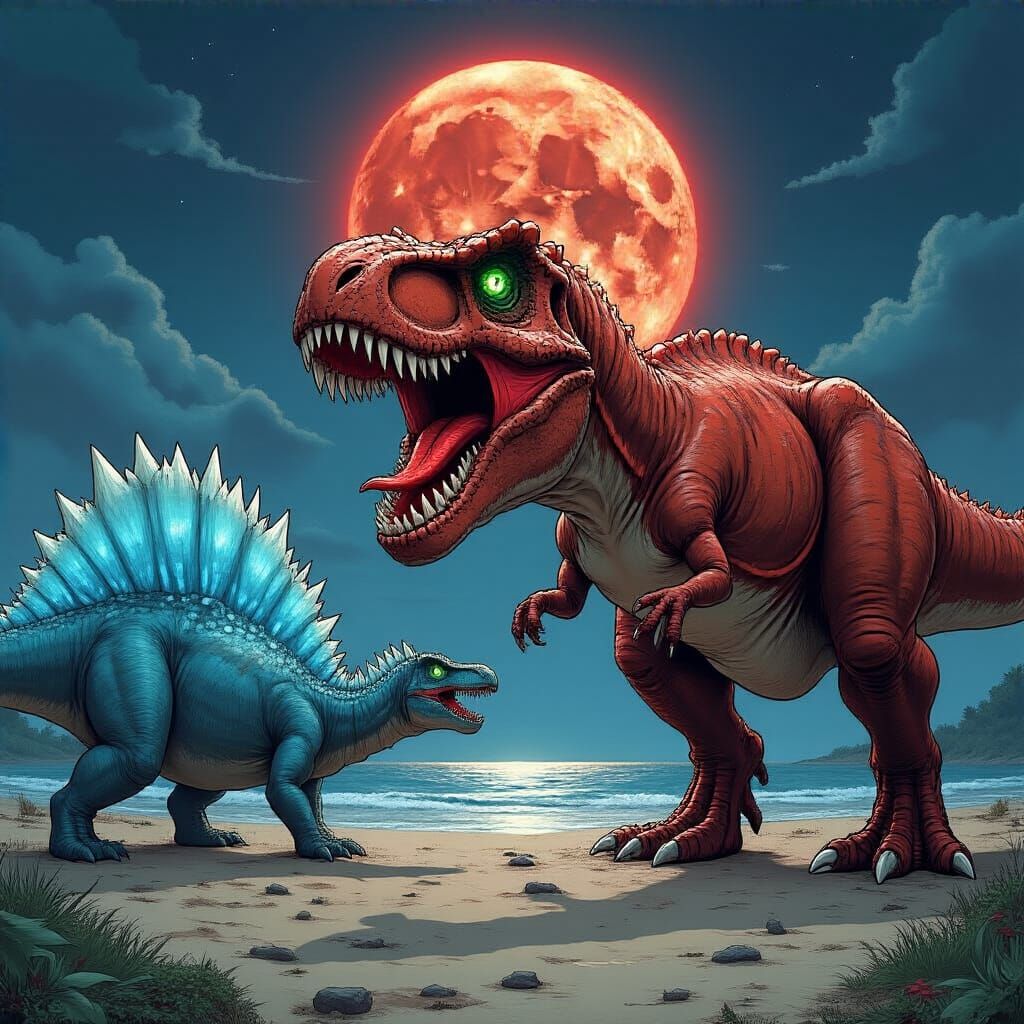 Giant Bioluminescent T-Rex Battles Spinosaurus Comic Style